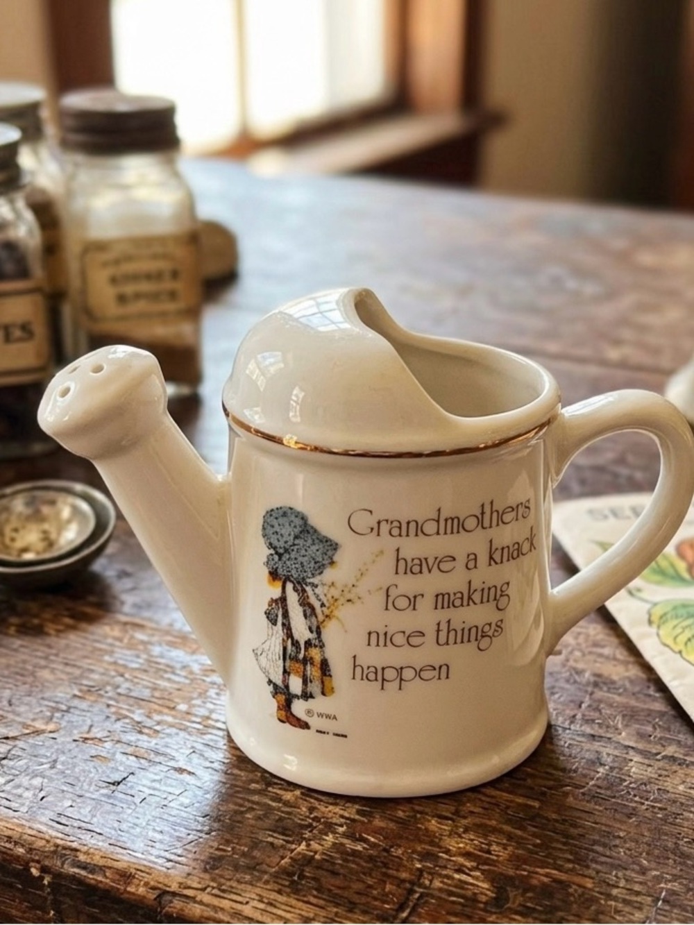 Cream Ceramic Watering-Can Planter with Grandmother Quote